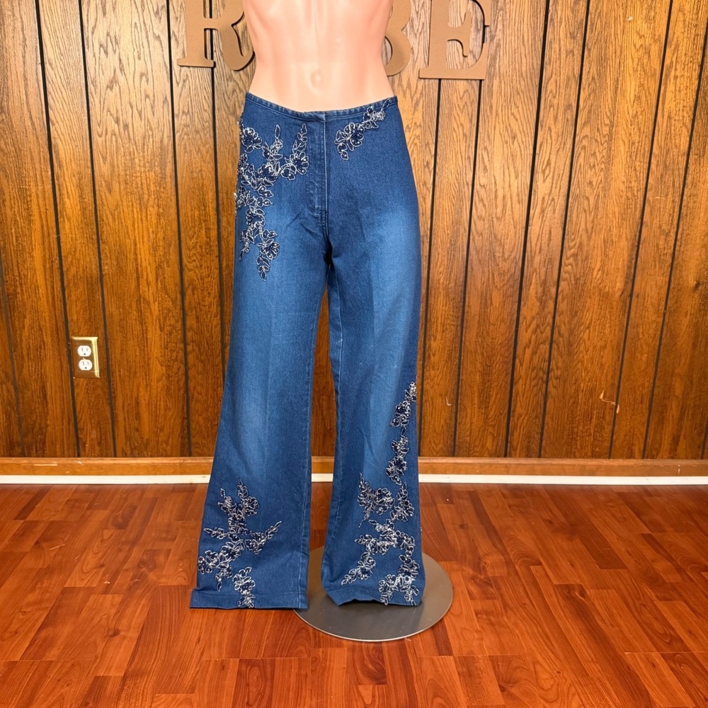 Y2K Floral Embroidered Wide Leg Jeans Basix II Womens 8 Fairycore Boho 90s Denim